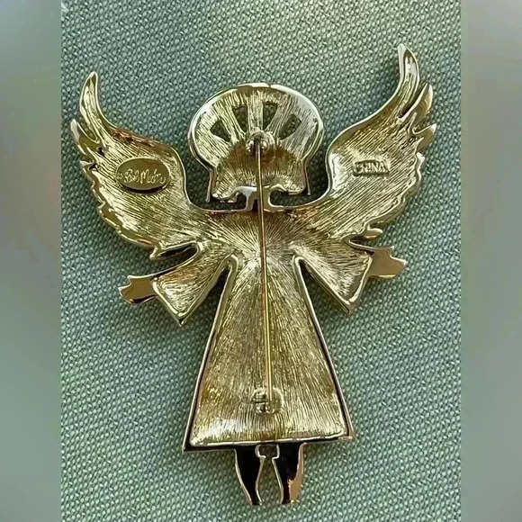Designer Bob Mackie Vintage Gold Tone Large Mosaic Guardian Angel Enamel Brooch - Picture 3 of 3